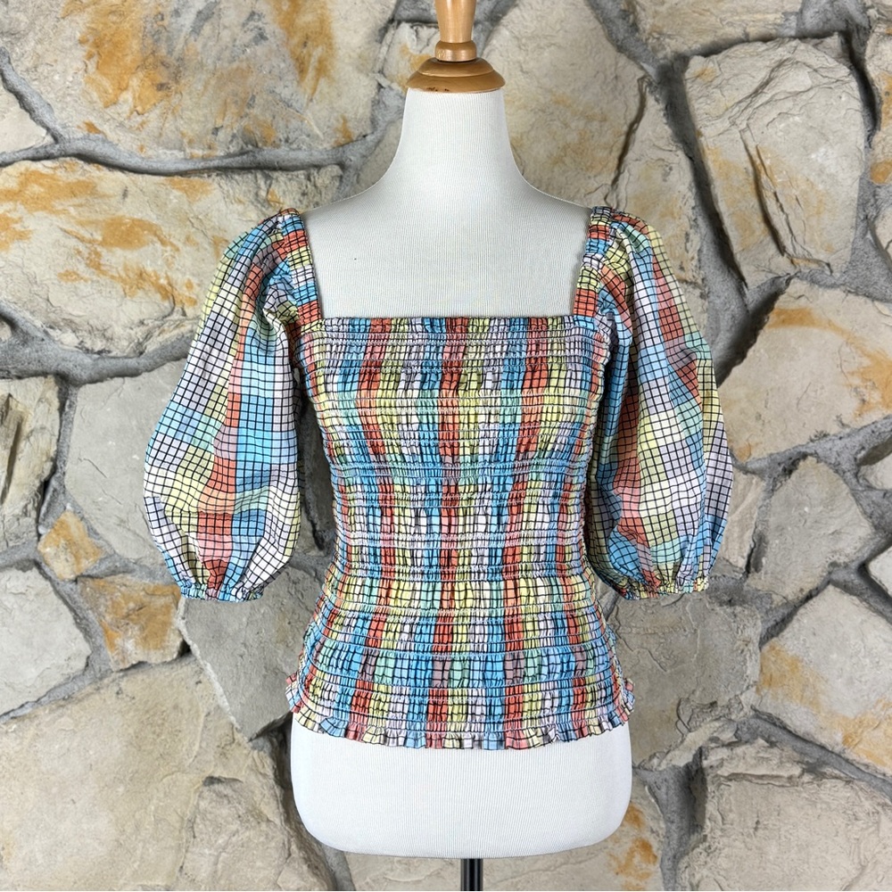 Ganni Puff Sleeve Smocked Top Pastel Rainbow Plaid | IT32, S